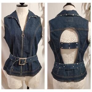 Vtg 90s Y2K Rave Stretch Studded Belted Open Back Denim Vest Size M Grunge Punk
